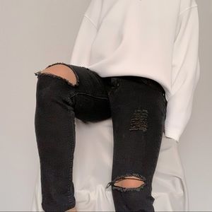 Distressed Grunge Punk Bikercore Streetwear Skinny Jean Pants in Black (Size 30)